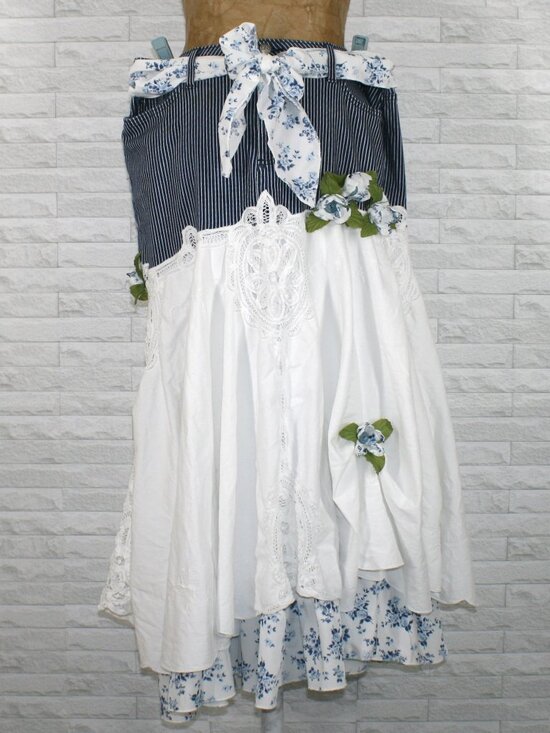Hand Crafted Dresses & Skirts - HAND CRAFTED Skirt Denim Jean Upcycled Pinstripe Floral White Fall Plus Size 18